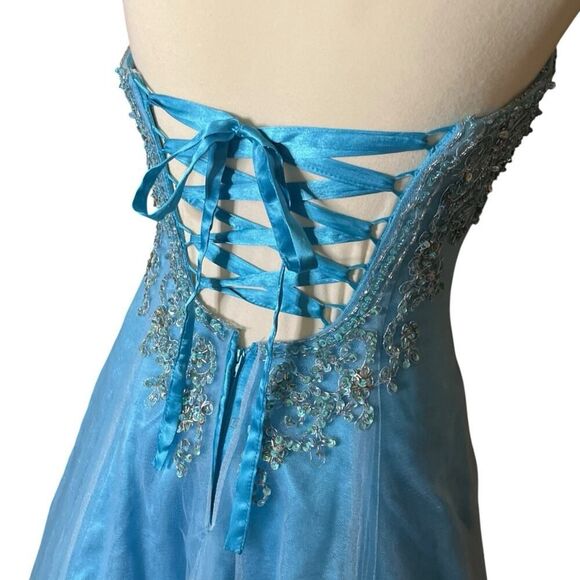 Davids Bridal Beaded Strapless Blue Dress Prom Flower Girl Gown Corset Tulle 0 - Picture 9 of 12
